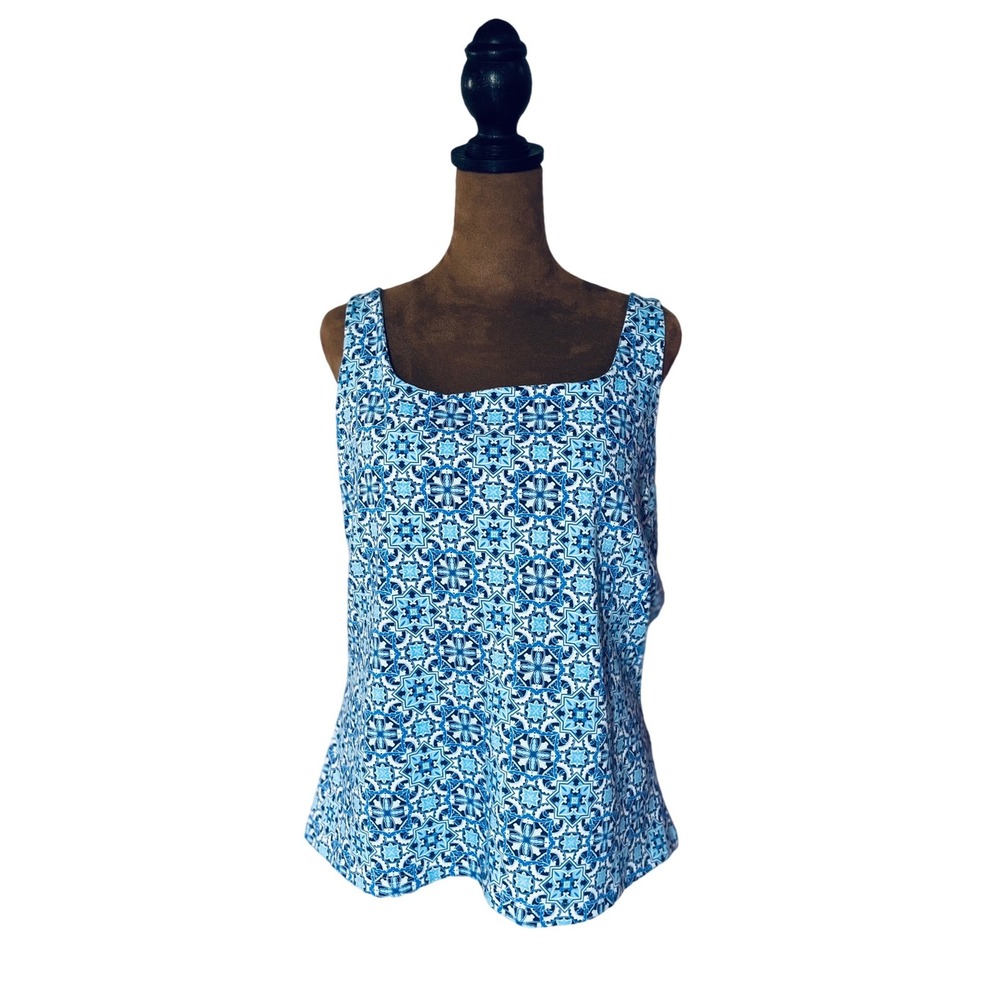 Karen Scott Blue White Geometric Tile Print Square Neck Tank Top XL Boho Coastal
